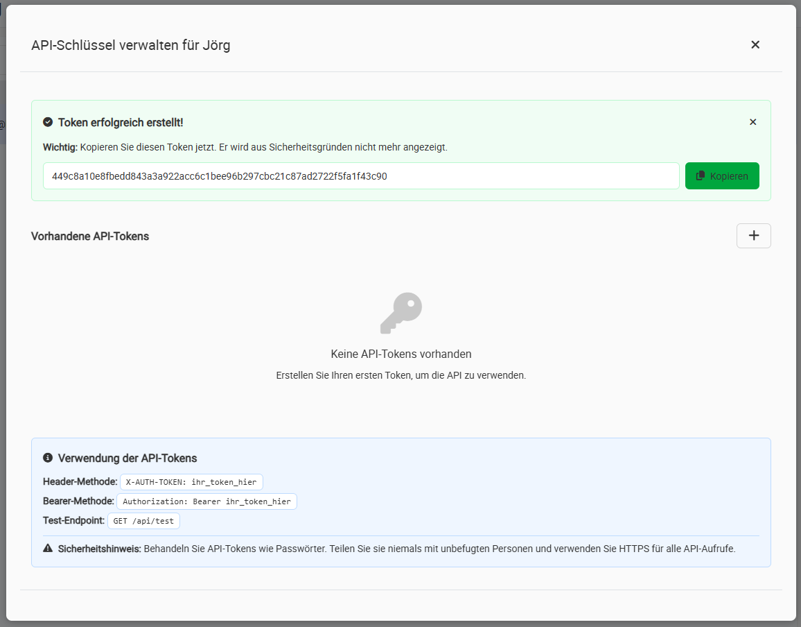 Screenshot of the new API token